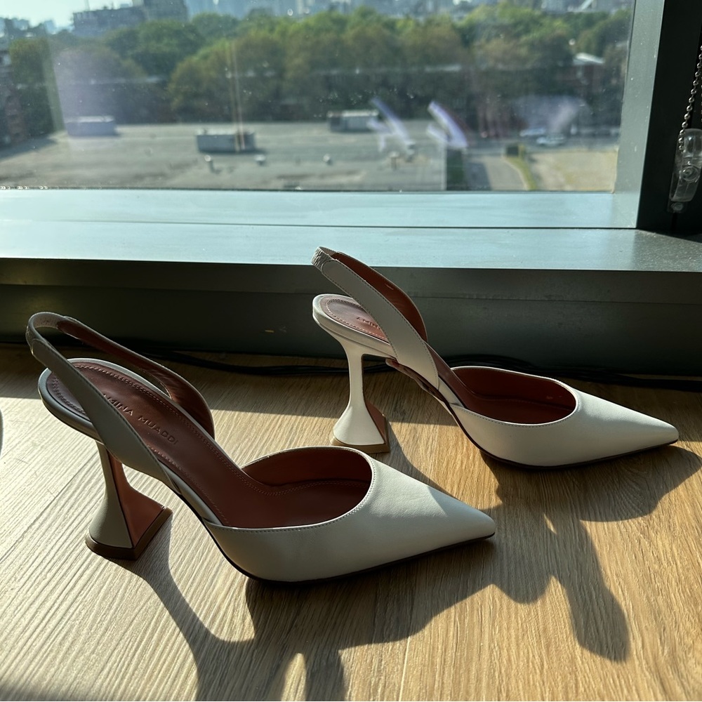 Amina Muaddi White Holli Leather Slingback Pumps